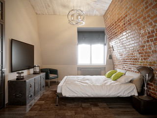Urban Contemporary Modern Scandinavian Loft Bedroom Interior Design With Red Brick Wall. 3d rendering