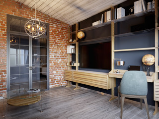 Urban Contemporary Modern Scandinavian Loft Living room Interior Design on Attic With Gray and Red Brick Wall. 3d rendering