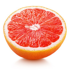 Ripe half of pink grapefruit citrus fruit isolated on white background. Pink grapefruit half with...