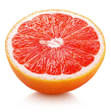 Ripe half of pink grapefruit citrus fruit isolated on white background. Pink grapefruit half with clipping path