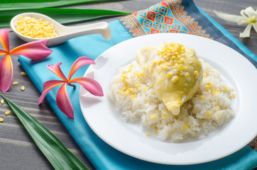 Yellow durian with sweet sticky rice and coconut milk. Thai dessert style.