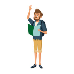young guy traveler with backpack tourism vector illustration
