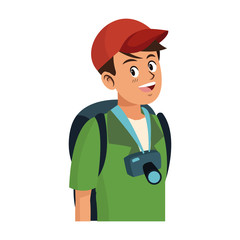 young guy traveler with backpack tourism vector illustration