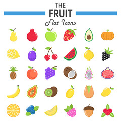 Fruit flat icon set, food symbols collection, vegetarian vector sketches, logo illustrations, colorful solid pictograms package isolated on white background, eps 10.
