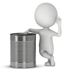 Man stand near aluminium can. 3D render of metal canned food isolated on white.