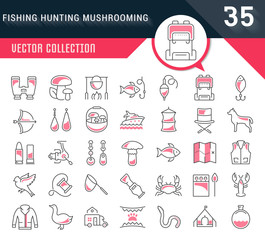 Set Vector Flat Line Icons Mushrooming, Fishing and Hunting