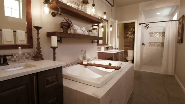 Master Bathroom Rise From Floor. rising shot in a modern master bathroom with a rustic industrial style

