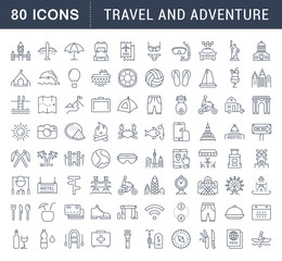 Set Vector Flat Line Icons Travel and Adventure - obrazy, fototapety, plakaty