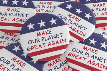 USA Environment Protection Badges: Pile of Make Our Planet Great Again Buttons With US Flag, 3d illustration