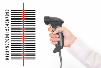 closeup of hand holding bar code scanner and scanning code on white background