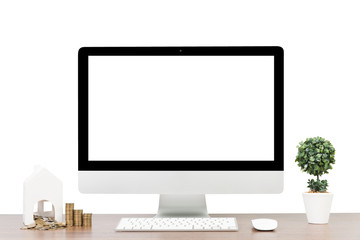 Conceptual workspace, Laptop and mouse isolated blank screen with clipping path.