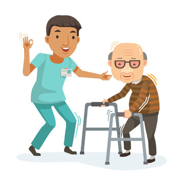 physical Male nurse helped grandfather Walker. He made an okay hand.Care and support for the elderly.Vector cartoon illustrations isolated on a white background.