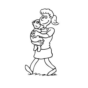 mother holding a baby. outlined cartoon handrawn sketch illustration vector.