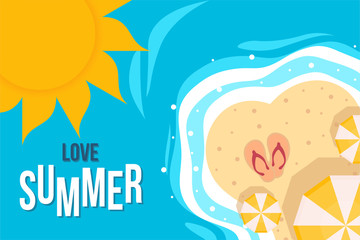 love summer poster with flip flop, umbrella, sun and beach background