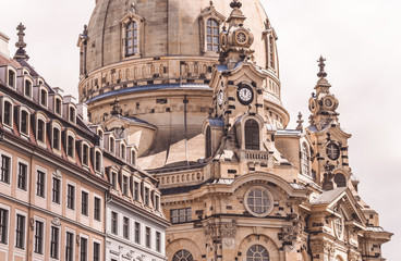 Fototapeta na wymiar journey through ancient Europe. Sightseeings of Germany. Gothic ancient church of Frauenkirche in Dresden