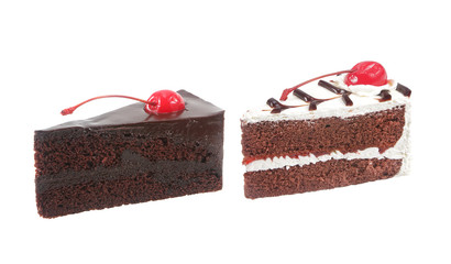 Chocolate cake with cherry isolated on white