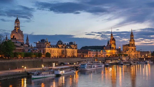 Dresden city skyline day to night timelapse at Elbe River, Dresden, Germany, 4K Time lapse