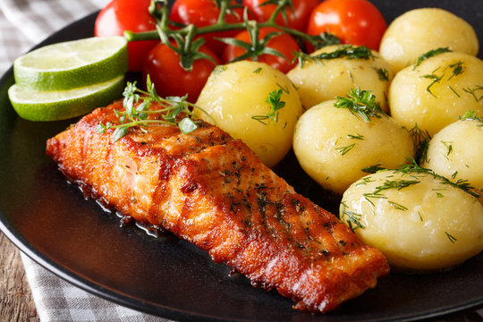 Roasted Fillet Salmon And Boiled New Potatoes, Fresh Tomatoes Macro. Horizontal