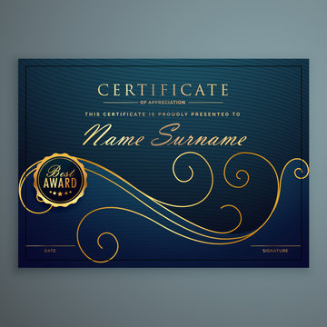 creative blue premium certificate design with golden floral