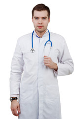 Fototapeta premium young doctor man on a white isolated background. Intern