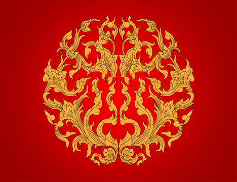 Gold flora art pattern,Thai style vector on a red background