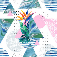 Fototapety  Abstract summer geometric elements with exotic flower and leaves