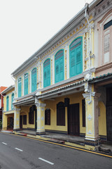 Fototapeta premium White and blue chinese colonial buildings decorated in Malacca City, Malacca, Malaysia.
