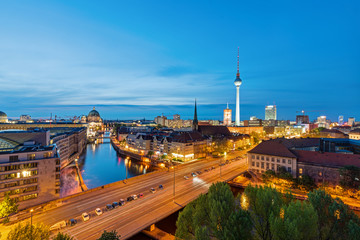 The skyline of Berlin with the Television Tower at dusk