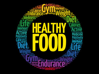 Healthy Food word cloud collage, health concept background