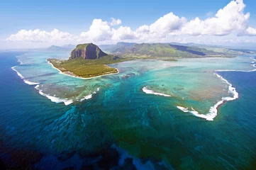Washable wall murals Le Morne, Mauritius Aerial view of Le Morne Brabant mountain which  is in the World Heritage list of the UNESCO