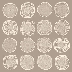 Collection of vector tree rings background and saw cut tree trunk. Conceptual graphics.