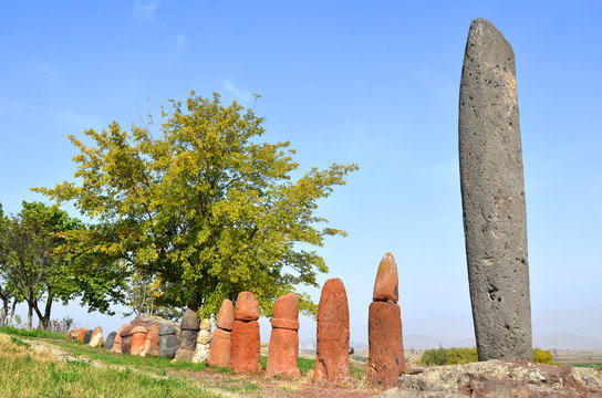 Stone phalluses (menhirs) in the ancient settlement of Metsamor, Armenia