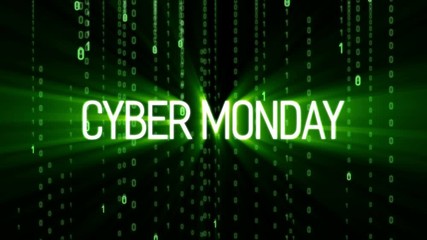 Cyber monday sale symbol and online sales concept as an internet holiday celebration for product discounts on websites on binary background. Motion Background. Available in 4K video render footage. - Powered by Adobe