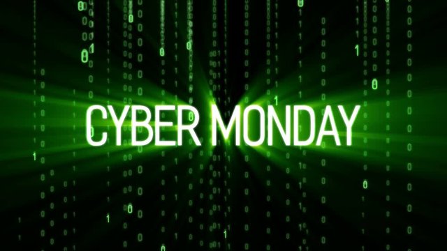 Cyber monday sale symbol and online sales concept as an internet holiday celebration for product discounts on websites on binary background. Motion Background. Available in 4K video render footage.
