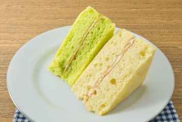 Green Pandan and Vanilla Chiffon Cake on A White Dish