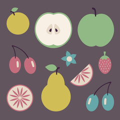 Set of fruits, whole and sliced, healthy vegetarian food.  Vector illustration.