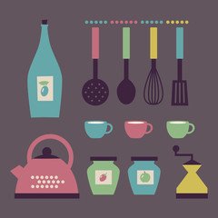 Set of kitchen accessories in retro style. Vector illustration.