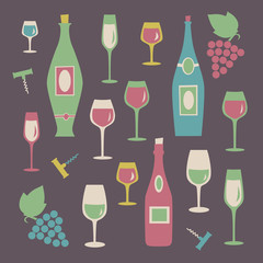 Set of colorful wine glasses and bottles.  Vector illustration.