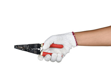 a hand with protection glove holding Wire stripping and cutting pliers