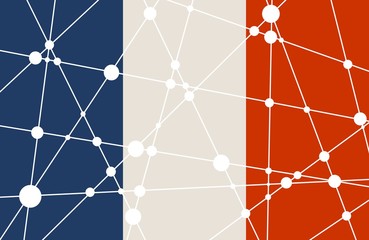 Flag of the France. Low poly concept triangular style. Molecule And Communication Background. Connected lines with dots.