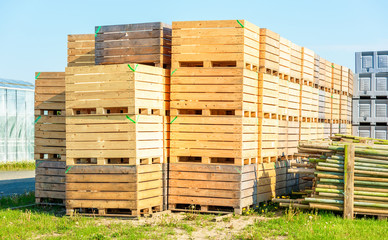 Empty wooden crates stacked on pallets outdoors. Part of greenhouse visible in background.