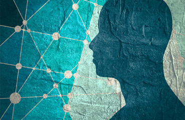Silhouette of a man's head. Mental health relative brochure, report design template. Concrete grunge texture. Molecule And Communication Background. Connected lines with dots.