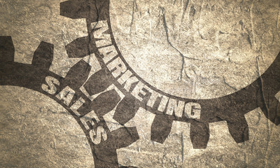 Sales and Marketing text on the Mechanism of Gears. Communication Concept in Industrial Design. Modern brochure design template. Concrete grunge texture