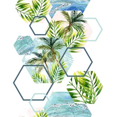 Poster Aquarel tropische bladeren en palmbomen in geometrische vormen naadloos patroon © Tanya Syrytsyna