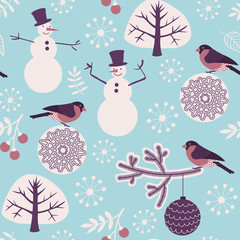 Seamless background with snowmen and bullfinches for winter and christmas theme. Vector illustration.