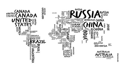 Fototapeta na wymiar World Map with Countries name Text or Typography, Hand drawn sketch style