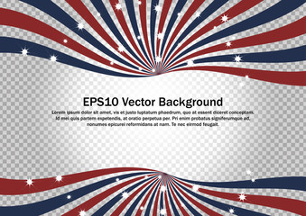 Red, Blue and White Radial Swirl with sparkling star vector background. Flag Sunburst on gradient transparent background for backdrop, banner or advertisement.
