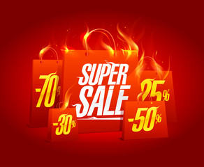 Super sale poster banner with red burning paper shopping bags