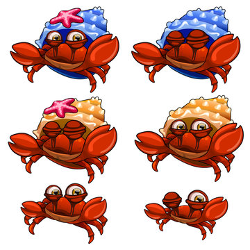 Set of crabs in blue, yellow shells and without it
