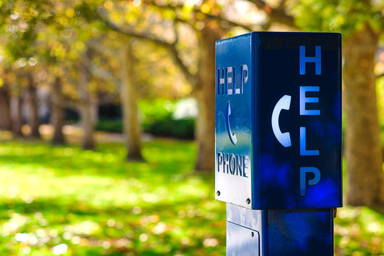 A blue emergency phone box labled "HELP" at a university campus in Melbourne, Austalia.